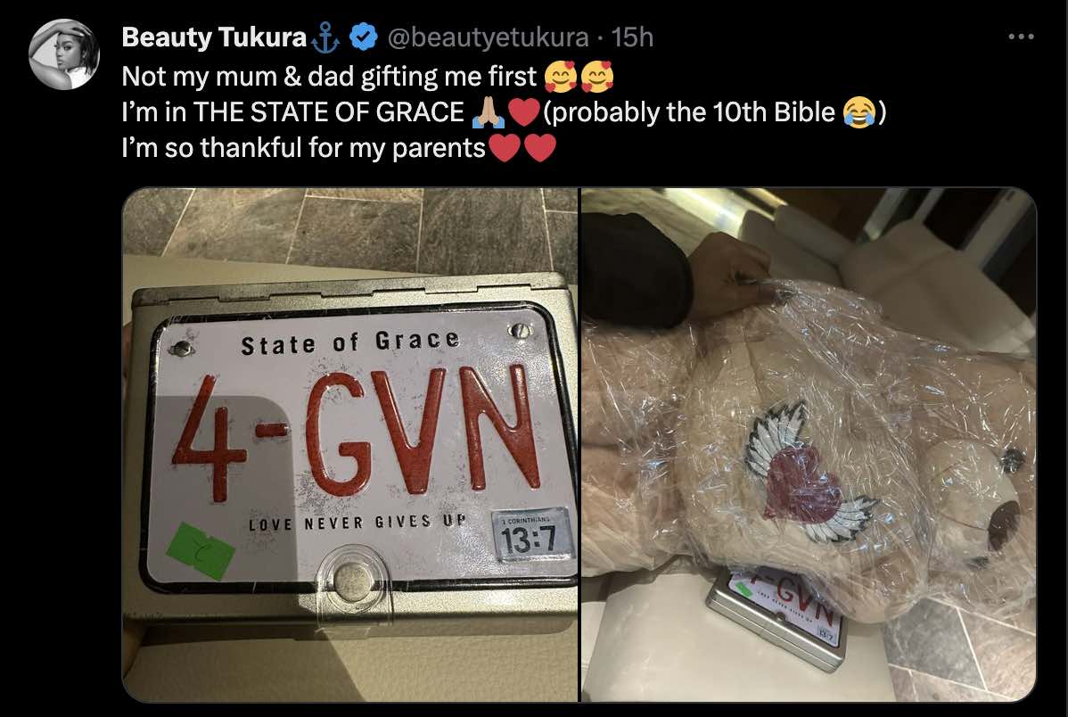 Beauty Tukura gushes as she gets teddy bear, Bible from parents as 26th birthday gift